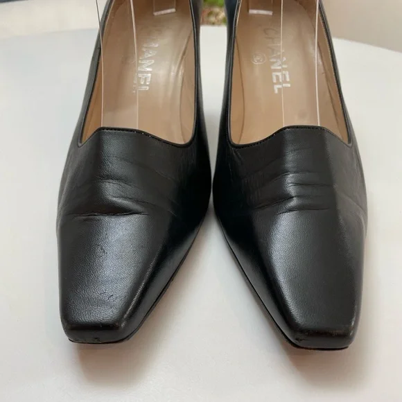 Chanel Black Leather Square Toe Kitten Heels Logo Vintage Size 7 - Picture 7 of 11